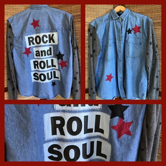 Upcycled Denim Jacket: Women's M, Rock and Roll Patches & Stars, Concert Shirt - Picture 11 of 11